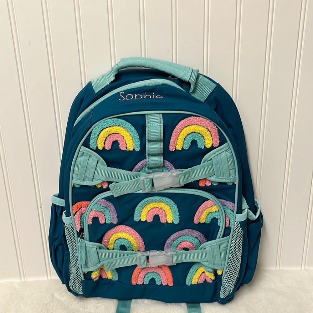 Pottery Barn Kids Mackenzie turquoise rainbows, Chenille backpack large